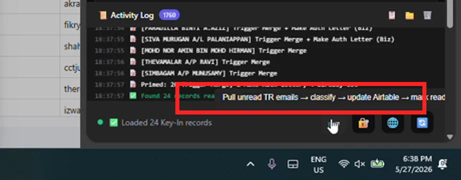 The Pull Unread TR Emails button in the Key-In tab
