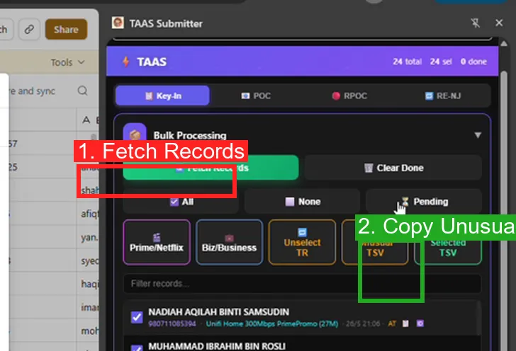 Key-In tab with Fetch Records and Copy Unusual TSV buttons