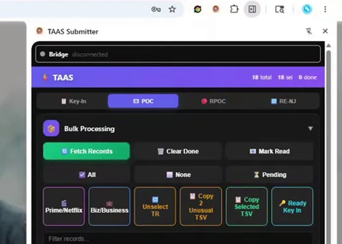 Three screens, three tabs — Key-In, POC, RPOC