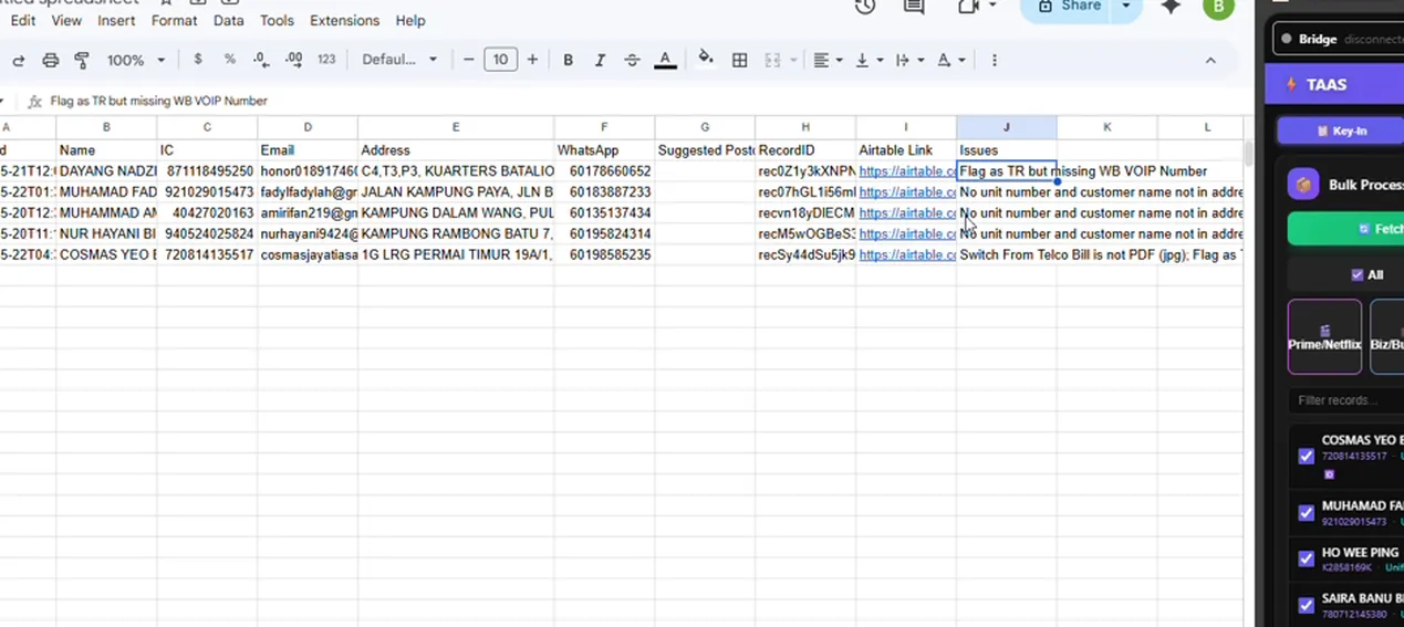 Sheet showing the no-unit-number issue rows