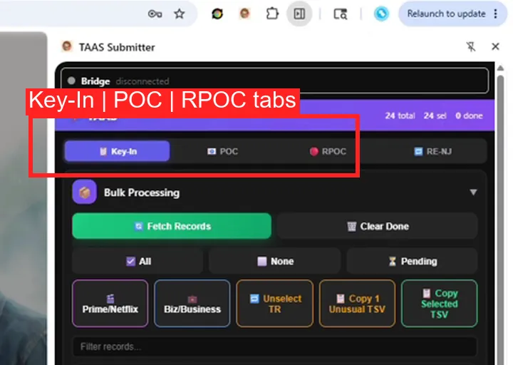 TAAS Submitter showing the three main tabs that map to the three screens