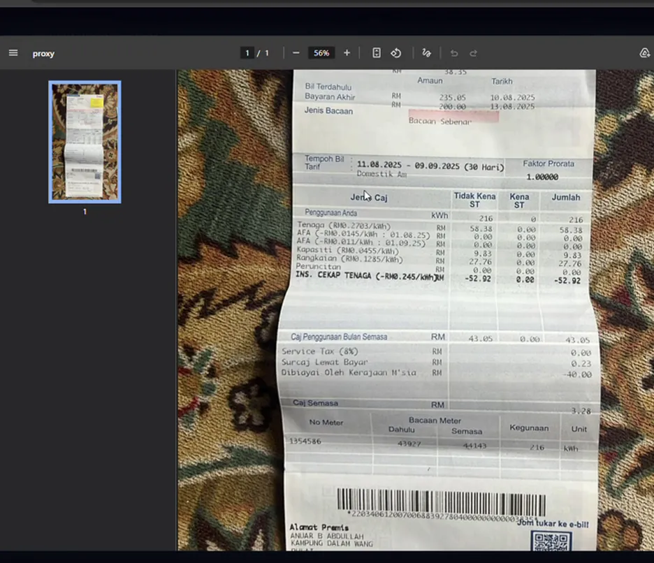 Meter number visible on the utility bill