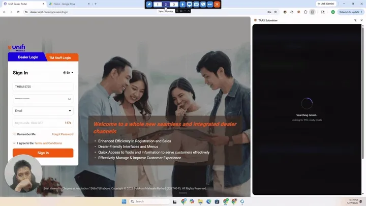Three tabs processing concurrently across all screens